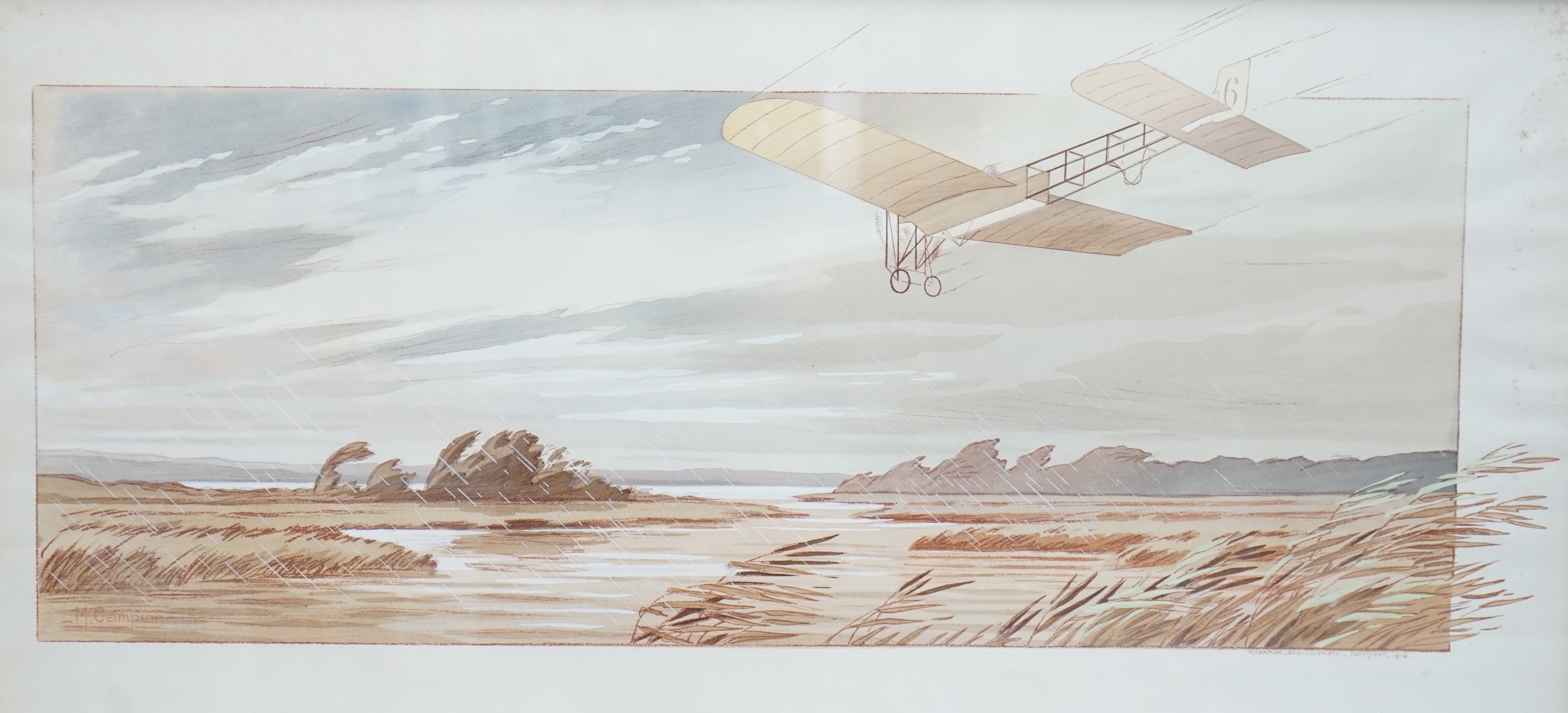 After M. Campion, pochoir colour print, Edwardian bi-plane, copyright 1912, 43 x 86cm. Condition - fair, discolouration and foxing